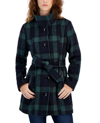 Bcx Juniors' Belted Double-Breasted Plaid Long-Sleeve Coat