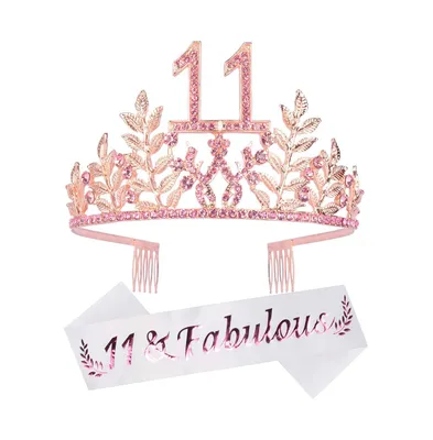 11th Birthday Glitter Sash and Pink Rhinestone Tiara Set for Girls