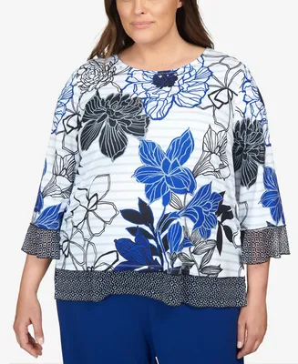 Alfred Dunner Plus Size Downtown Vibe Geo Trim Floral Stripe Top