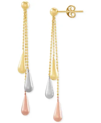Tri-Gold Linear Drop Earrings in 14k Gold, White Gold and Rose Gold, 2 inch - Tri