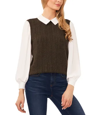 CeCe Women's Sweater-Vest Blouson-Sleeve Collared Blouse