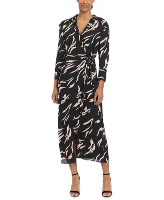 Donna Morgan Women's Printed Collared Midi Wrap Dress