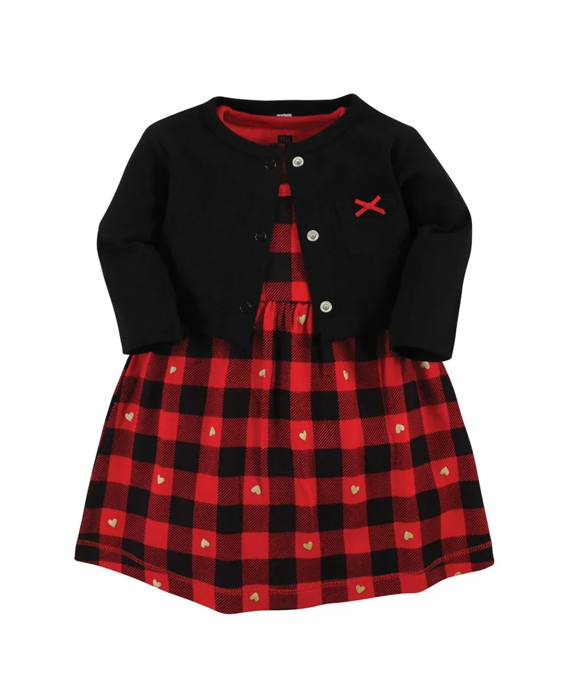 Hudson Baby Toddler Girls Hudson Cotton Dress and Cardigan Set, Gold Heart Buffalo Plaid