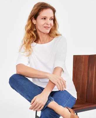 Style Co Womens Boat Neck Elbow Sleeve Cotton Top Pxs 4x Created For Macys