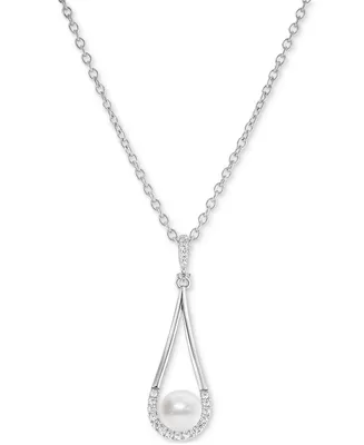 Freshwater Pearl (7mm) & Cubic Zirconia Open Teardrop 18" Pendant Necklace in Sterling Silver