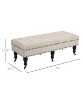 Homcom Mobile End of Bed Bench, Upholstered Bedroom Entryway Bench with Button-Tufted, Accent Ottoman with Nailhead Trim and Wheels, Beige