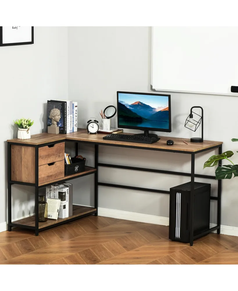 Homcom L-Shaped Home Office Computer Desk with Open Storage Shelves, Black/Brown