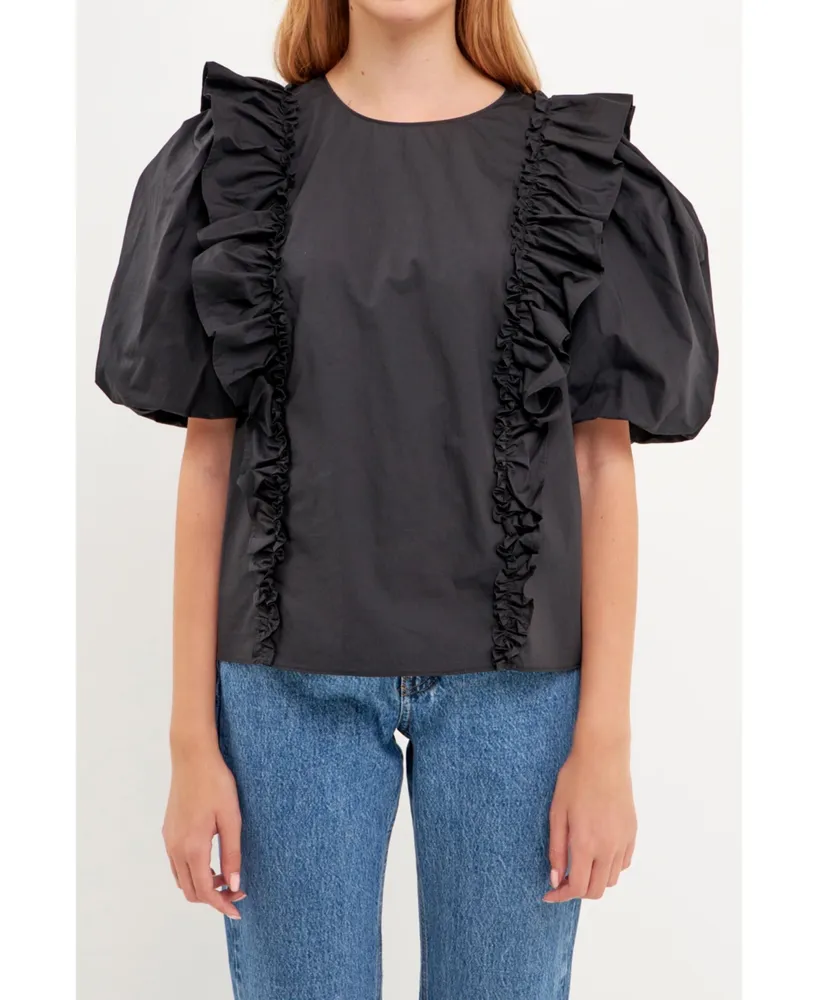 English Factory Women's Double Ruffle Poplin Puff Sleeve Blouse