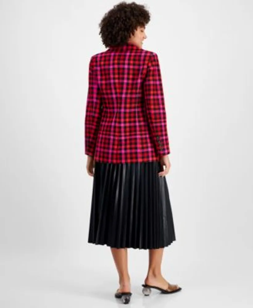 Avec Les Filles Womens Houndstooth Tweed Blazer Faux Leather Pleated Midi Skirt