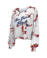 Women's Majestic Threads Mac Jones White New England Patriots Off-Shoulder Tie-Dye Name and Number Cropped Long Sleeve V-Neck T-shirt