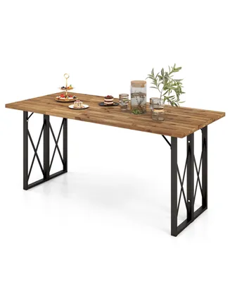 Costway 67'' Patio Rectangle Table Heavy-Duty Acacia Wood Dining Table with Umbrella Hole