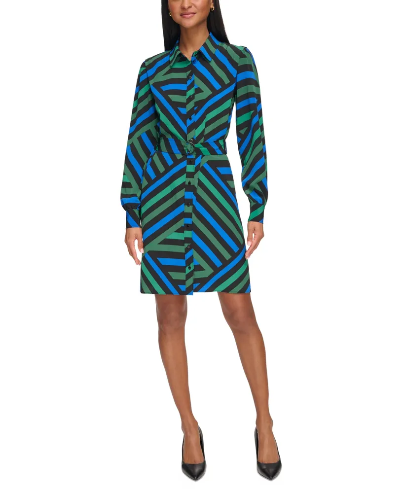 Karl Lagerfeld Paris Women's Geometric Stripe Print Silky Crepe Shirt Dress