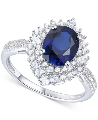 Lab-Grown Blue Sapphire (2-1/3 ct. t.w.) & Lab-Grown White Sapphire (1 ct. t.w.) Halo Statement Ring in Sterling Silver