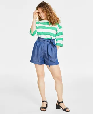 On 34th Women's Paperbag-Waist Belted Chambray Shorts, Created for Macy's