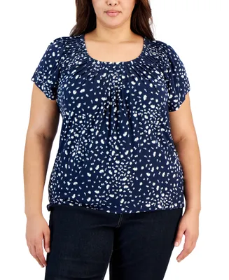 Style & Co Plus Size Printed Pleat-Neck Top, Created for Macy's