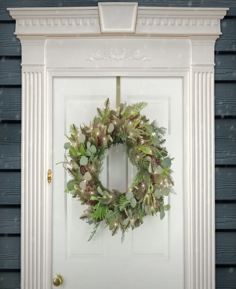 National Tree Company First Traditions Collection, 30" Artificial North Conway Wreath with Glittery Cones and Eucalyptus, 100 Warm White Led Lights
