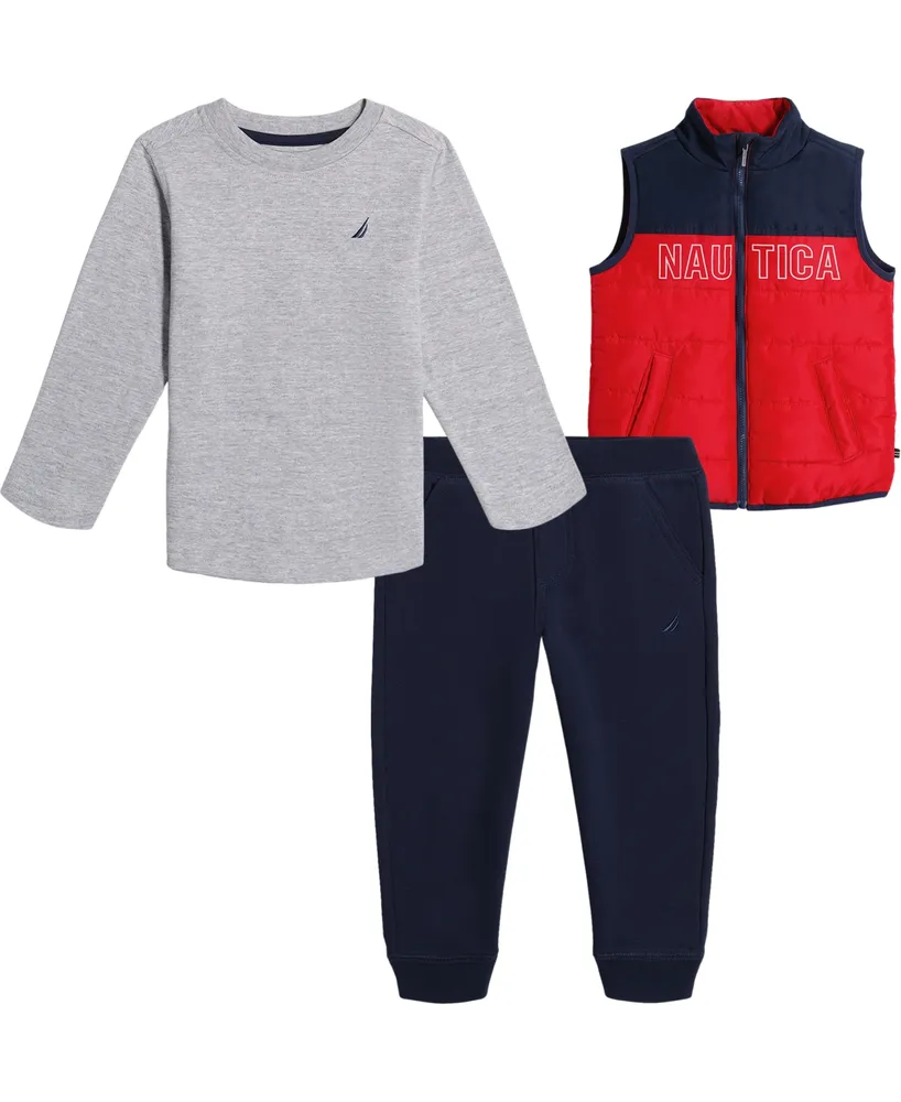 Nautica Baby Boys Long Sleeve Heather T-shirt, Colorblock Puffer Vest and Fleece Joggers, 3 Piece Set