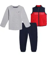 Nautica Baby Boys Long Sleeve Heather T-shirt, Colorblock Puffer Vest and Fleece Joggers, 3 Piece Set