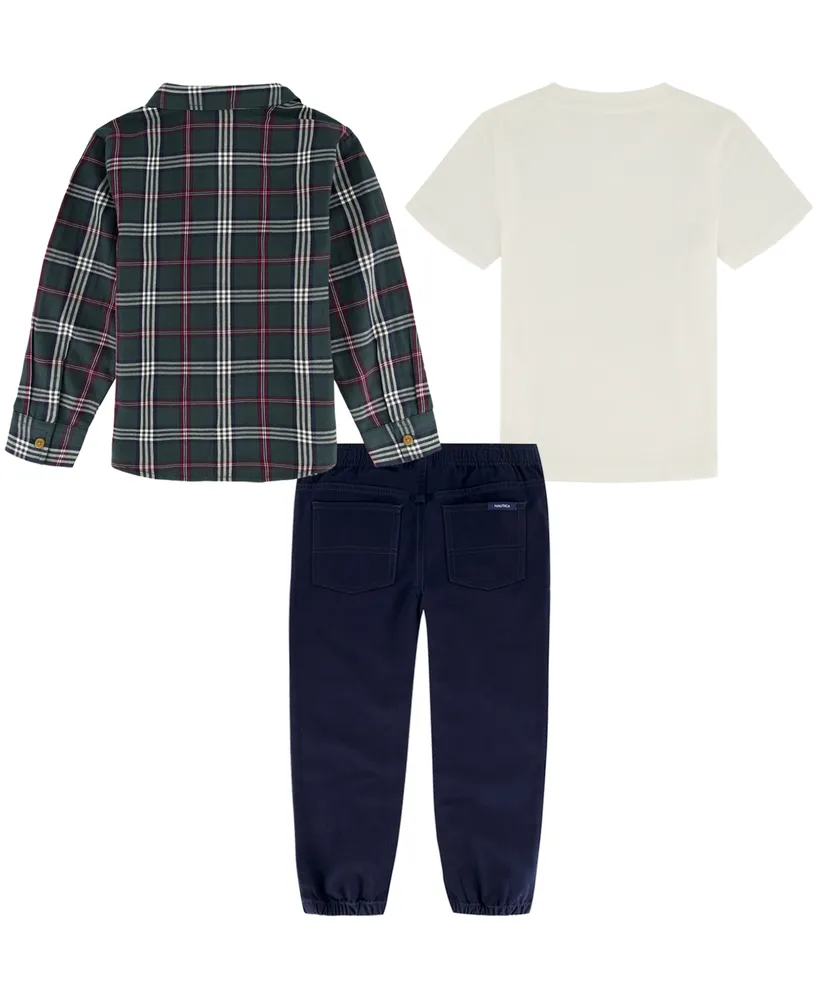 Nautica Baby Boys J-Class Logo T-shirt, Long Sleeve Plaid Shirt and Twill Joggers, 3 Piece Set