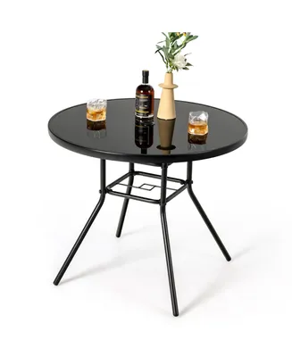 34 Inch Patio Dining Table Round Tempered Glass Tabletop with 1.5'' Umbrella Hole