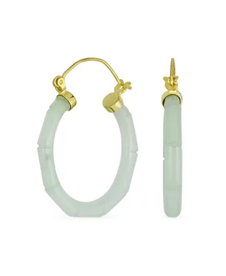 Bling Jewelry Light Green Jade Green Round Bamboo Natural Jade Hoop Earrings For Women Gold Plated Sterling Silver 1.2 Inch Diameter