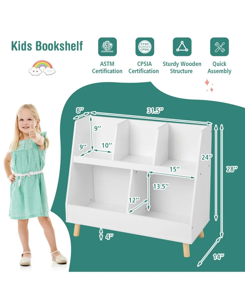 5-Cube Kids Bookshelf and Toy Organizer Wooden Storage Bookcase with Wood Legs