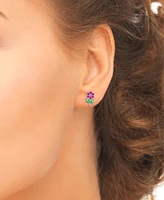 Lab-Grown Pink Sapphire (5/8 ct. t.w.) & Green Crystal Flower Stud Earrings in Sterling Silver