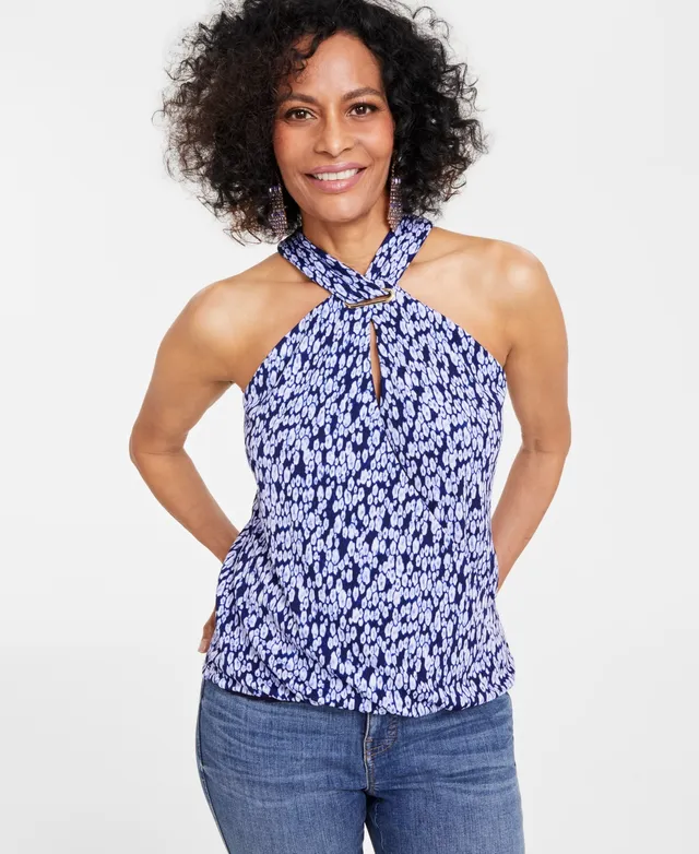 I.n.c. International Concepts Women's Printed Wrap-Front Keyhole Halter  Top, Created for Macy's
