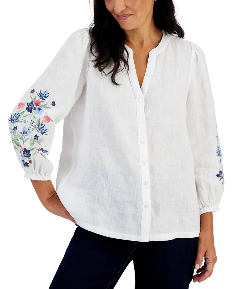 Charter Club Petite Linen Embroidered-Sleeve Top, Created for