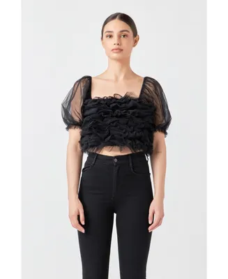 endless rose Women's Ruffled Puff Sleeve Tulle Top