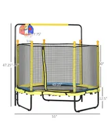 Qaba 4.6' Kids Trampoline with Basketball Hoop, Horizontal Bar, 55" Indoor Trampoline with Net, Small Springfree Trampoline Gifts for Kids Toys, Ages