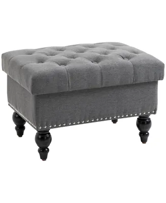Homcom 25" Storage Ottoman with Removable Lid, Button-Tufted Fabric Bench for Footrest and Seat with Wood Legs, Grey