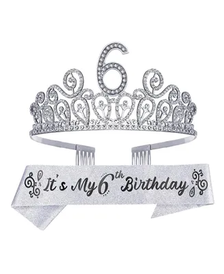 6th Birthday Glitter Sash and Ripples Rhinestone Metal Tiara for Girls, Perfect Princess Party Accessories and Gifts for Celebrating Turning Six