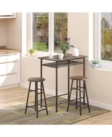 Homcom 3 Piece Counter Height Bar Table and Chairs Set, Space Saving Dining Table with 2 Matching Stools, Storage Shelf Metal Frame Footrest, Black