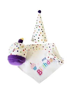 JoJo Modern Pets 4-piece Dog Birthday Kit: Bandana, Hat, Bow Tie, Plush Toy