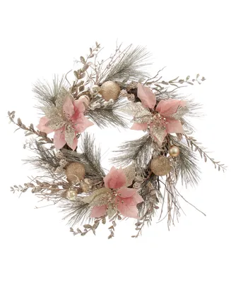 Kurt Adler 20" Wreath with Pink Poinsettias and Ornaments