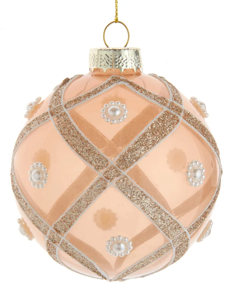 Kurt Adler 80mm Champagne and Imitation Pearl Peach Glitter Ball Ornaments, 6 Piece Set