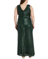 Nightway Plus Size Striped Sequined V-Neck Sleeveless Gown