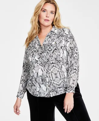 I.n.c. International Concepts Plus Snake-Print Long-Sleeve Blouse, Created for Macy's