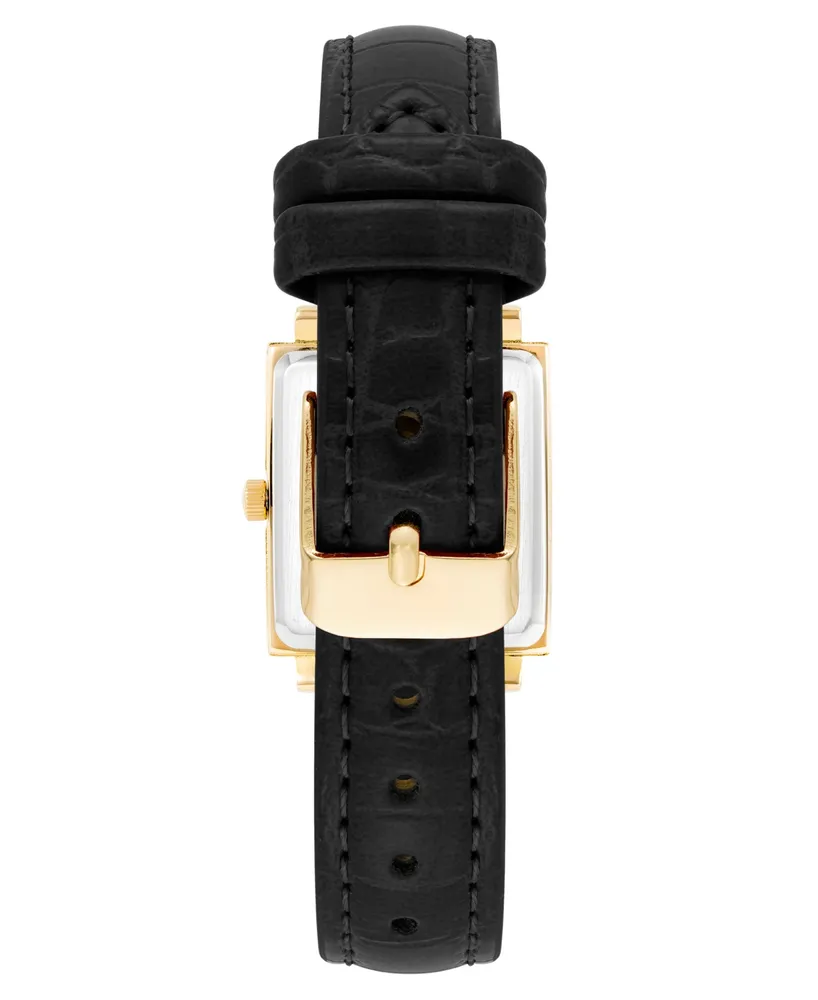 Anne Klein Women's Three Hand Quartz Square Black Polyurethane Faux Leather Band Watch, 21mm - Black-Gold