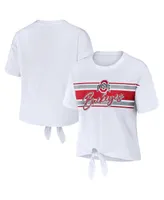 Women's Wear by Erin Andrews White Ohio State Buckeyes Striped Front Knot Cropped T-shirt