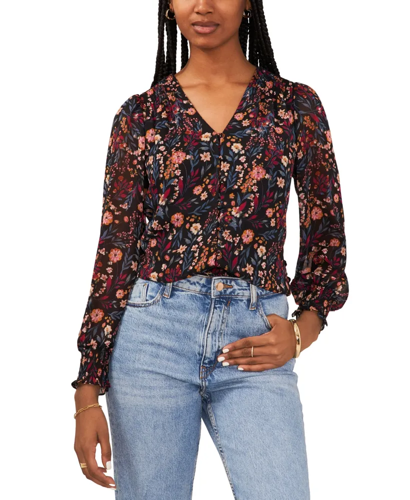 Sam & Jess Petite Printed V-Neck Smocked-Shoulder Blouse