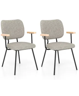 Set of 2 Modern Linen Fabric Dining Chairs Padded Kitchen Accent Armchair
