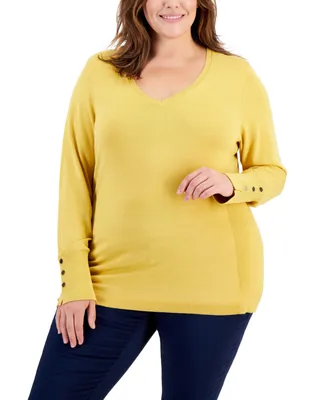 Jm Collection Plus Size Buttoned-Cuff Sweater, Created for Macy's