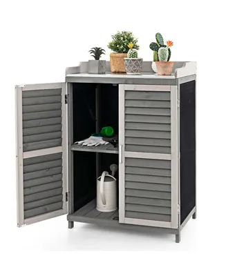 Outdoor Potting Bench Table, Garden Storage Cabinet with Metal Tabletop
