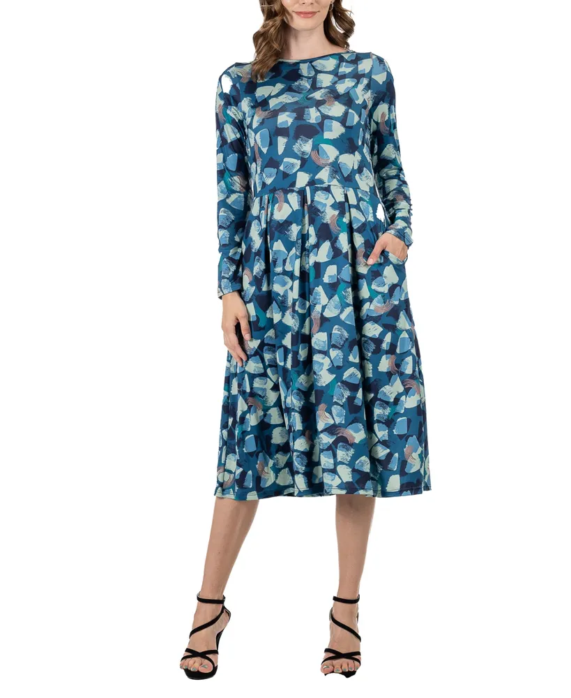 24seven Comfort Apparel Women's Floral Long Sleeve Pleated Maxi Dress