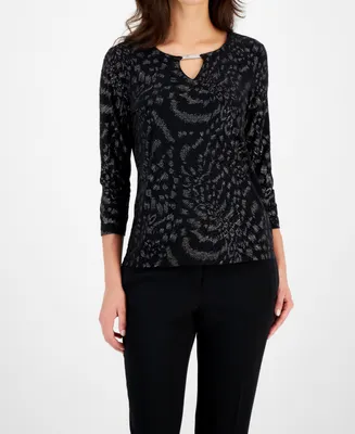 Jm Collection Petite Glitter Cheetah Jacquard Top, Created for Macy's