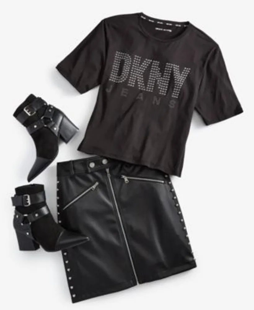 Dkny Jeans Womens Crewneck Embellished Logo T Shirt Womens Faux Leather Studded Mini Skirt