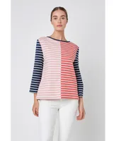 English Factory Women's Striped Color Blocked 3/4 Length Sleeve Tee