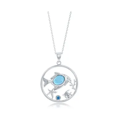 Sterling Silver Larimar Fish w/ Starfish, Coral & Blue Cz Necklace